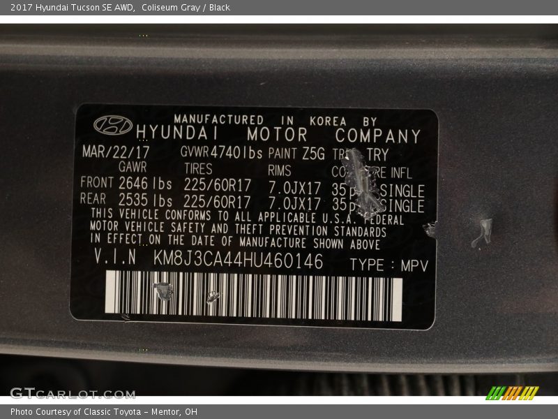Coliseum Gray / Black 2017 Hyundai Tucson SE AWD