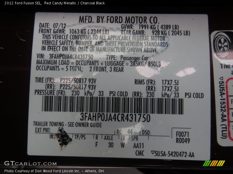 Red Candy Metallic / Charcoal Black 2012 Ford Fusion SEL