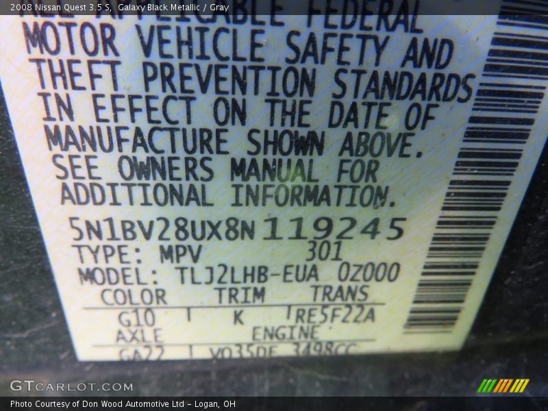 Galaxy Black Metallic / Gray 2008 Nissan Quest 3.5 S