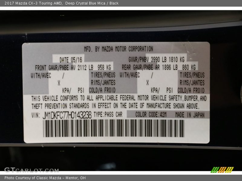Deep Crystal Blue Mica / Black 2017 Mazda CX-3 Touring AWD