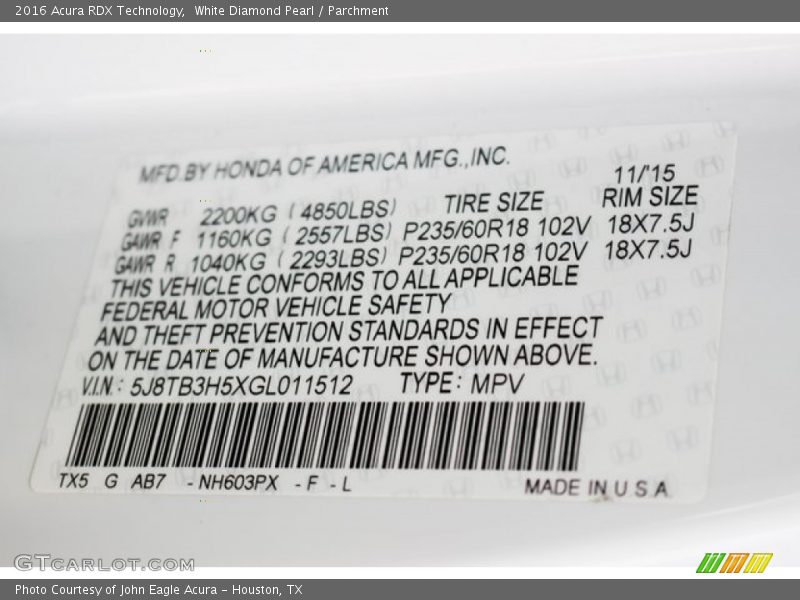 White Diamond Pearl / Parchment 2016 Acura RDX Technology