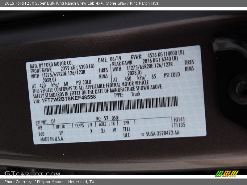 2019 F250 Super Duty King Ranch Crew Cab 4x4 Stone Gray Color Code D1