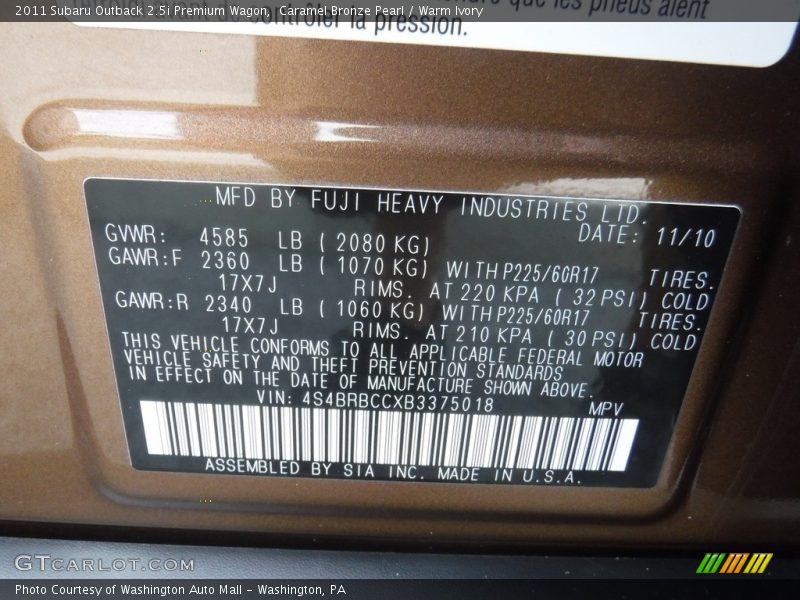 Caramel Bronze Pearl / Warm Ivory 2011 Subaru Outback 2.5i Premium Wagon
