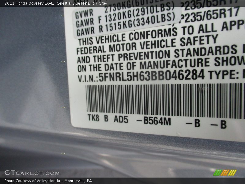 Celestial Blue Metallic / Gray 2011 Honda Odyssey EX-L