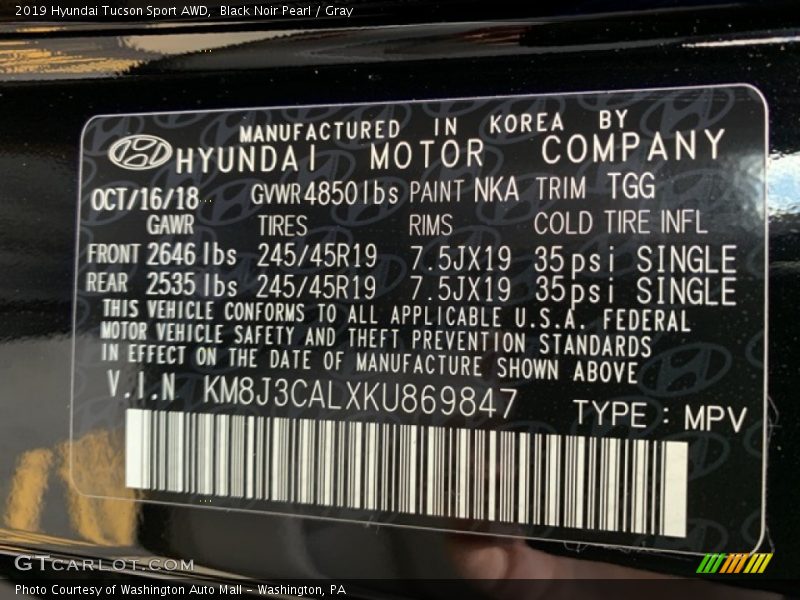 Black Noir Pearl / Gray 2019 Hyundai Tucson Sport AWD