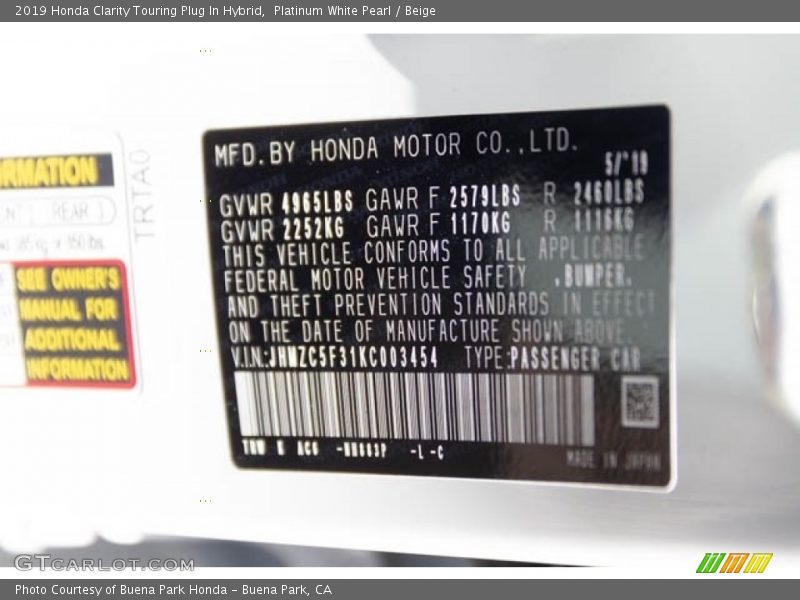Platinum White Pearl / Beige 2019 Honda Clarity Touring Plug In Hybrid
