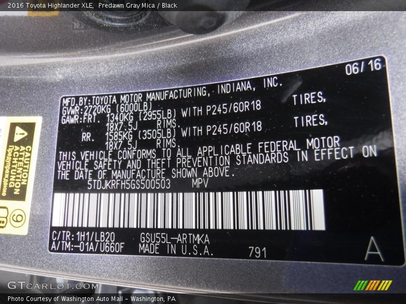 Predawn Gray Mica / Black 2016 Toyota Highlander XLE