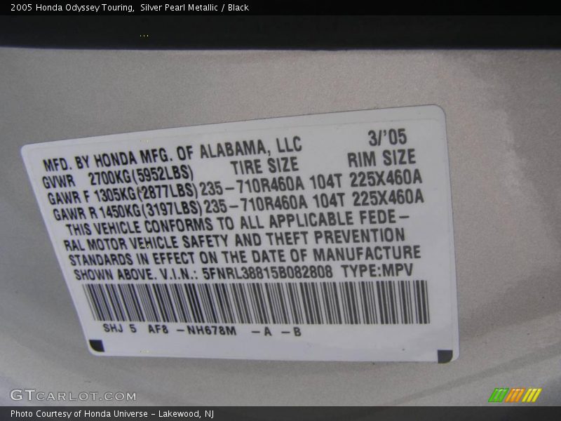Silver Pearl Metallic / Black 2005 Honda Odyssey Touring
