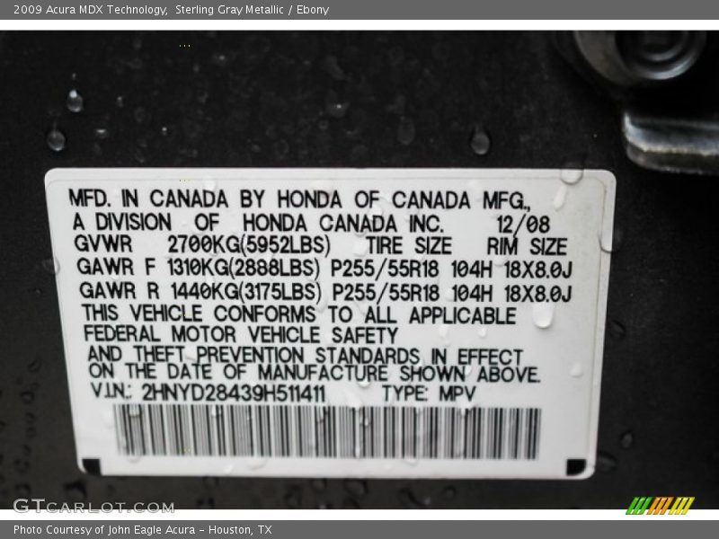 Sterling Gray Metallic / Ebony 2009 Acura MDX Technology