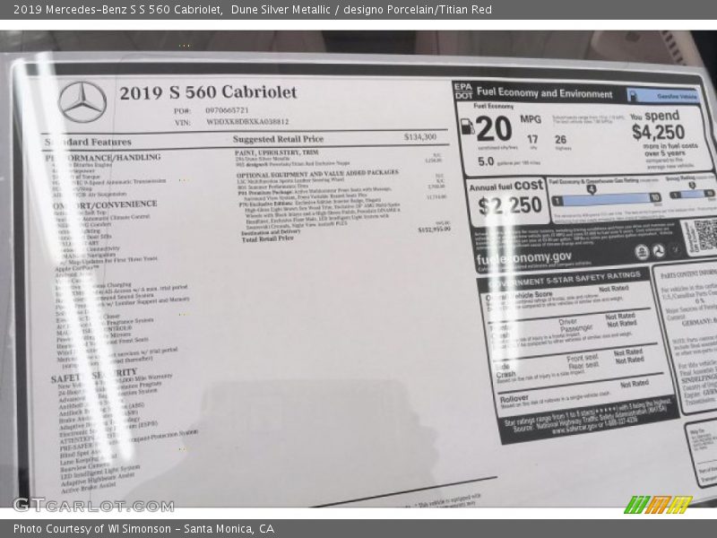  2019 S S 560 Cabriolet Window Sticker