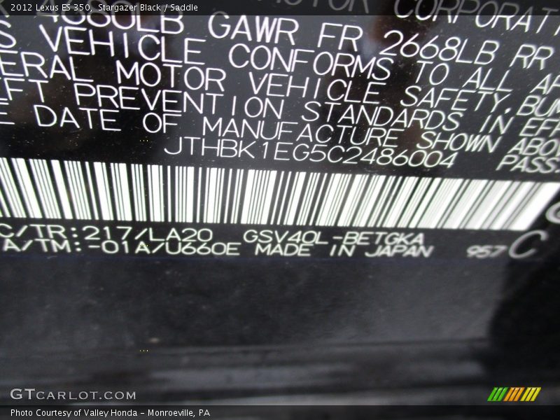 Stargazer Black / Saddle 2012 Lexus ES 350