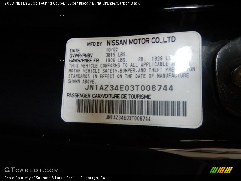 Super Black / Burnt Orange/Carbon Black 2003 Nissan 350Z Touring Coupe