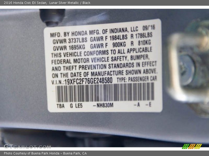 Lunar Silver Metallic / Black 2016 Honda Civic EX Sedan