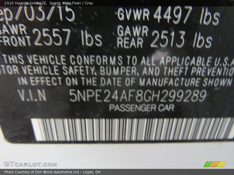 Quartz White Pearl / Gray 2016 Hyundai Sonata SE