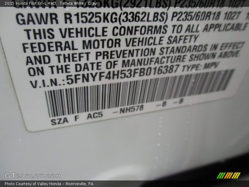 Taffeta White / Gray 2015 Honda Pilot EX-L 4WD