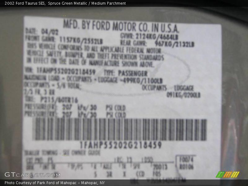 Spruce Green Metallic / Medium Parchment 2002 Ford Taurus SES