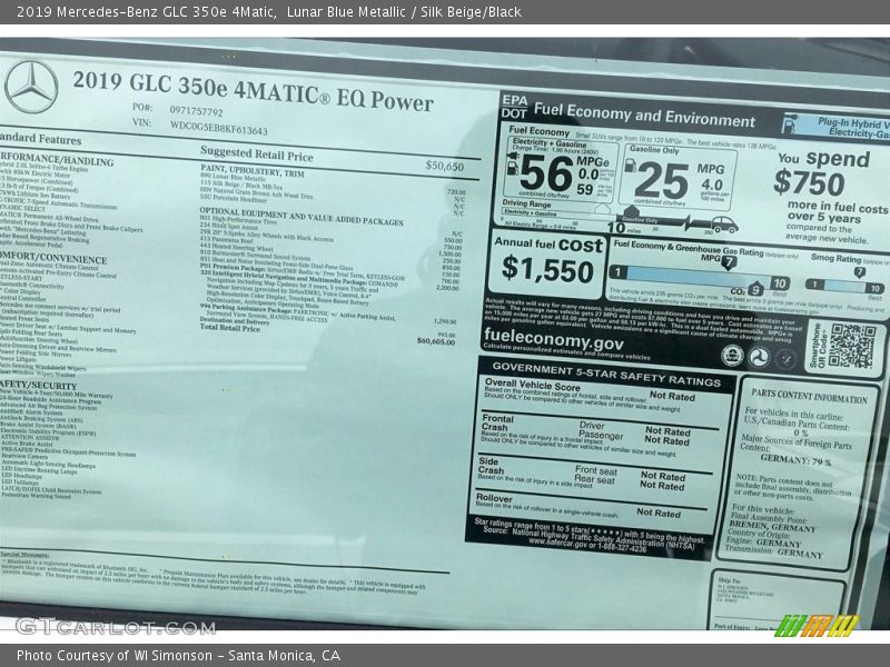 Lunar Blue Metallic / Silk Beige/Black 2019 Mercedes-Benz GLC 350e 4Matic