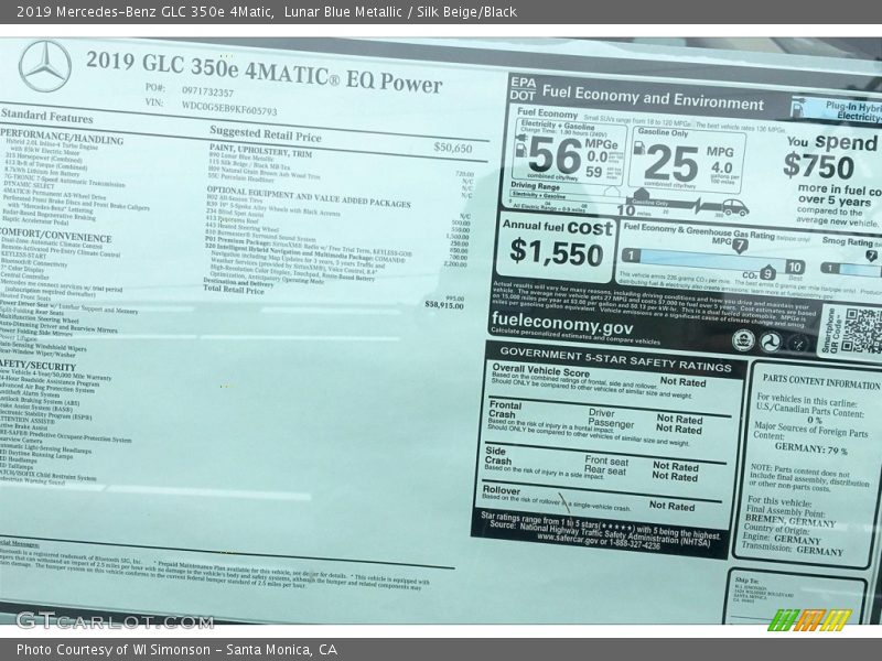 Lunar Blue Metallic / Silk Beige/Black 2019 Mercedes-Benz GLC 350e 4Matic