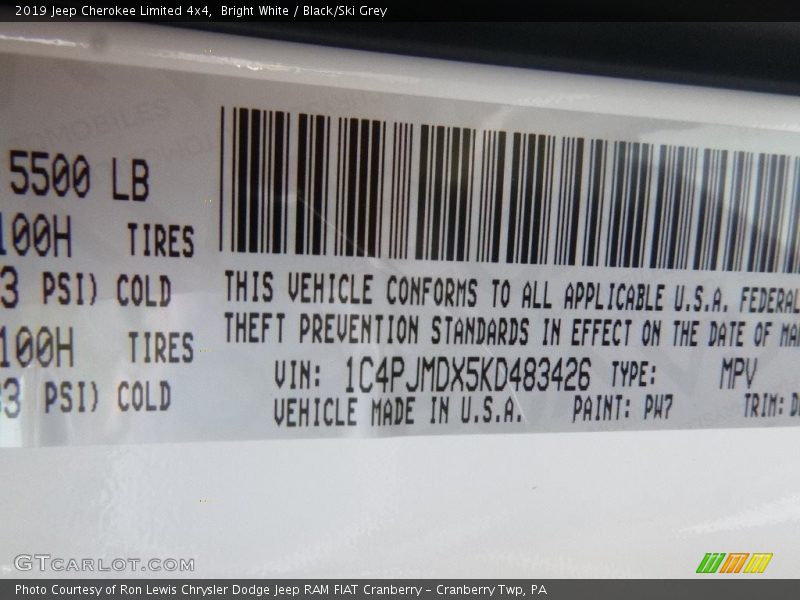 Bright White / Black/Ski Grey 2019 Jeep Cherokee Limited 4x4