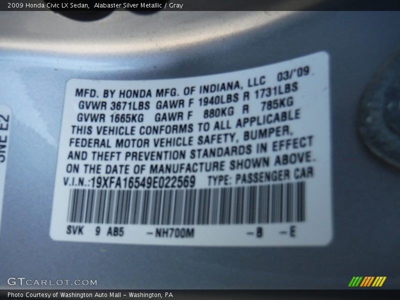 Alabaster Silver Metallic / Gray 2009 Honda Civic LX Sedan