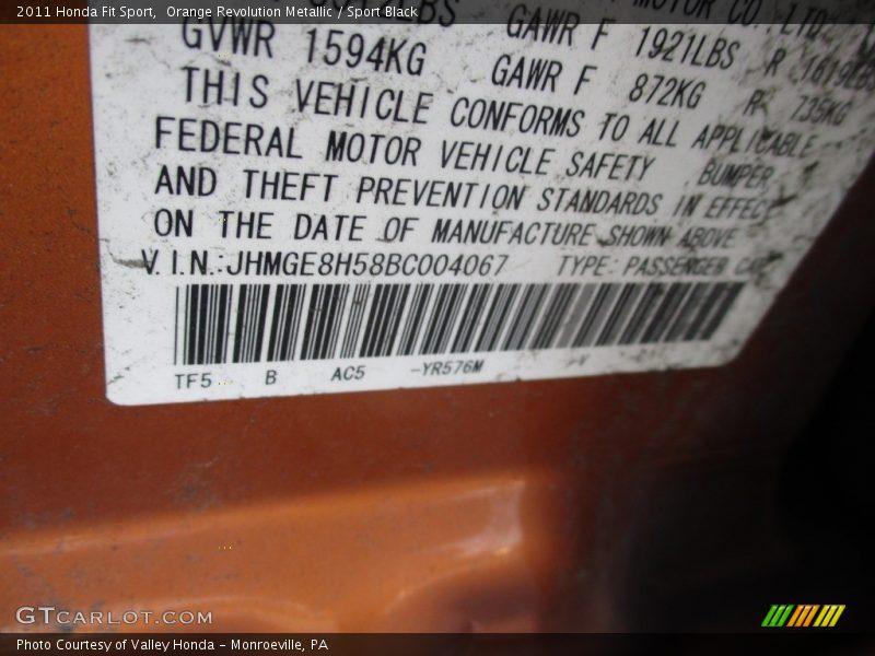Orange Revolution Metallic / Sport Black 2011 Honda Fit Sport