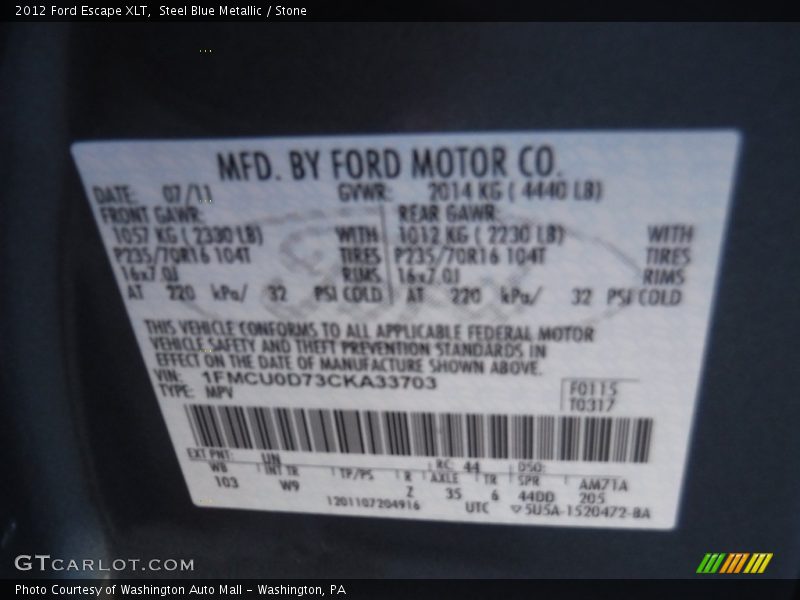Steel Blue Metallic / Stone 2012 Ford Escape XLT