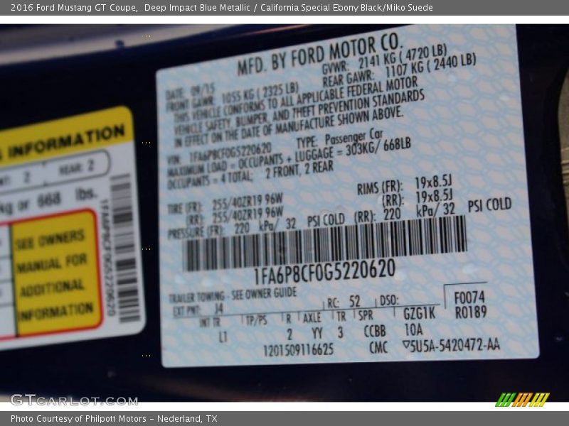 Deep Impact Blue Metallic / California Special Ebony Black/Miko Suede 2016 Ford Mustang GT Coupe