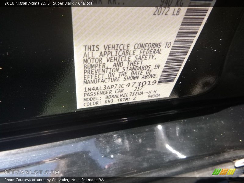 Super Black / Charcoal 2018 Nissan Altima 2.5 S