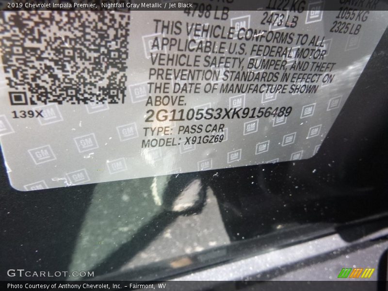 Nightfall Gray Metallic / Jet Black 2019 Chevrolet Impala Premier