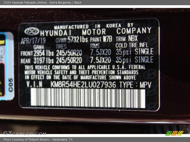 2020 Palisade Limited Sierra Burgundy Color Code W7B