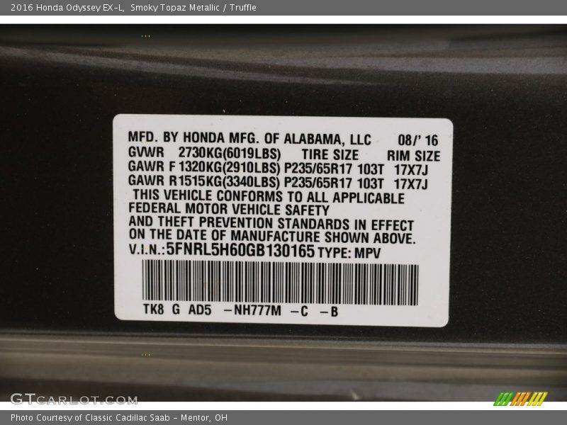 Smoky Topaz Metallic / Truffle 2016 Honda Odyssey EX-L