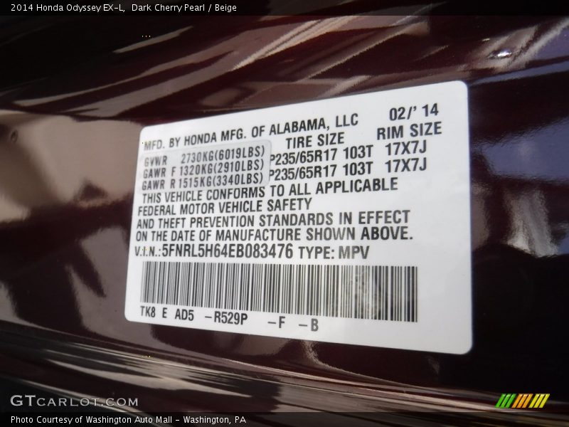 Dark Cherry Pearl / Beige 2014 Honda Odyssey EX-L