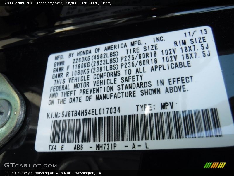 Crystal Black Pearl / Ebony 2014 Acura RDX Technology AWD