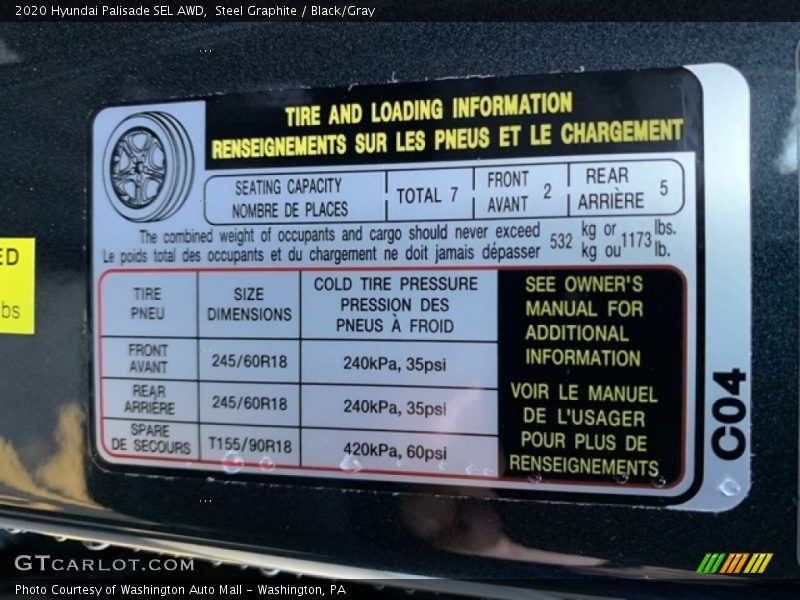 Info Tag of 2020 Palisade SEL AWD