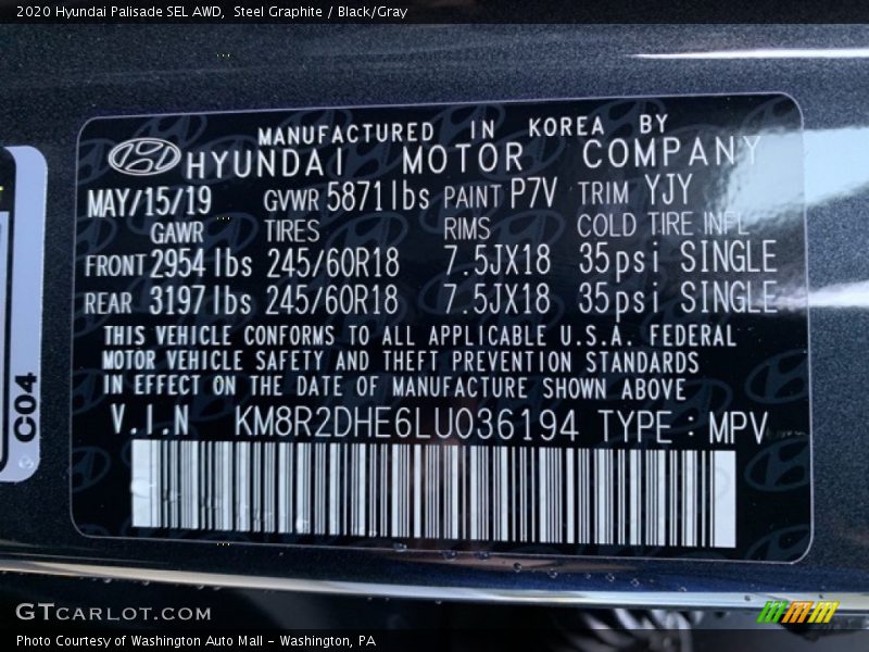 2020 Palisade SEL AWD Steel Graphite Color Code P7V