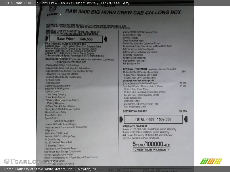 Bright White / Black/Diesel Gray 2019 Ram 3500 Big Horn Crew Cab 4x4