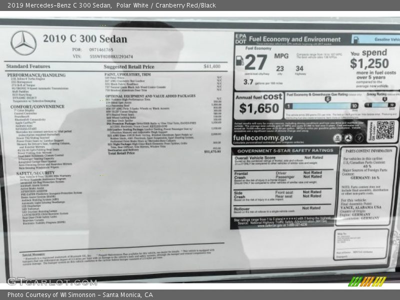 Polar White / Cranberry Red/Black 2019 Mercedes-Benz C 300 Sedan