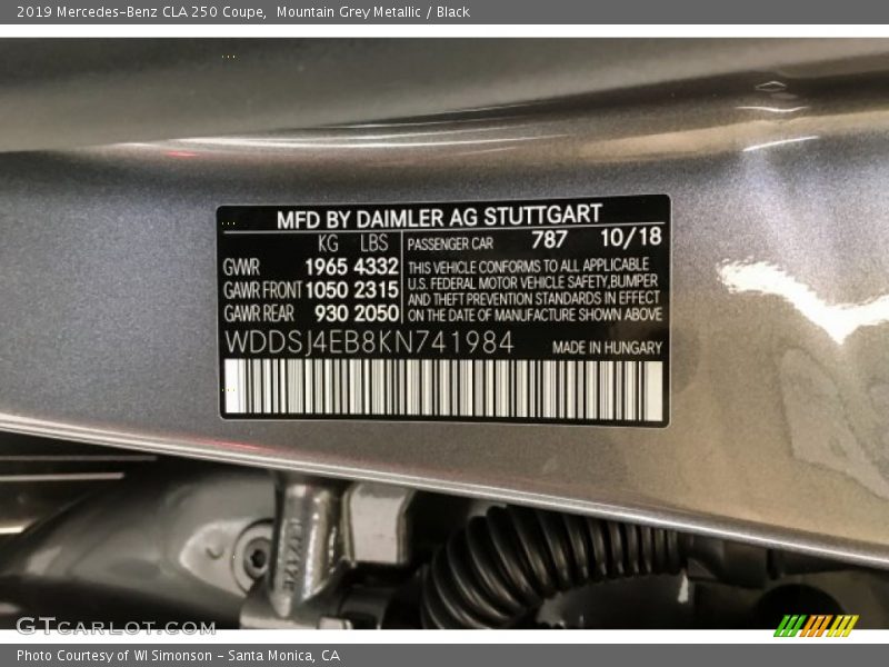 Mountain Grey Metallic / Black 2019 Mercedes-Benz CLA 250 Coupe