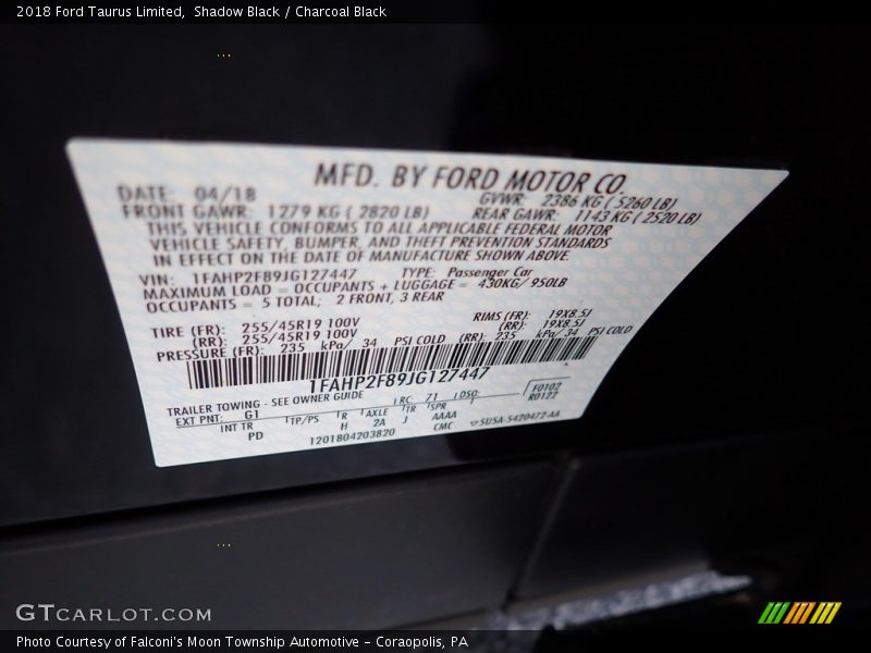 2018 Taurus Limited Shadow Black Color Code G1