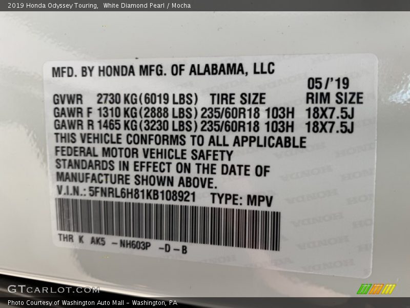White Diamond Pearl / Mocha 2019 Honda Odyssey Touring