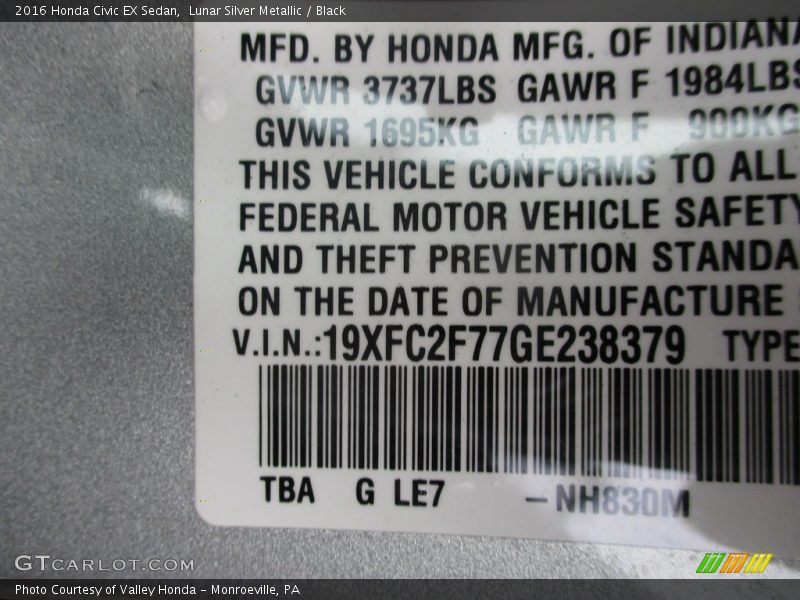 Lunar Silver Metallic / Black 2016 Honda Civic EX Sedan