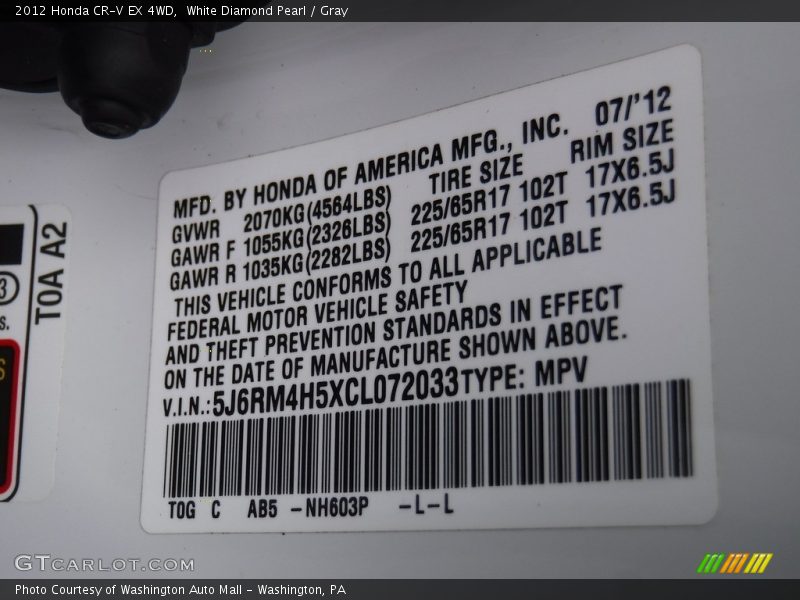 White Diamond Pearl / Gray 2012 Honda CR-V EX 4WD