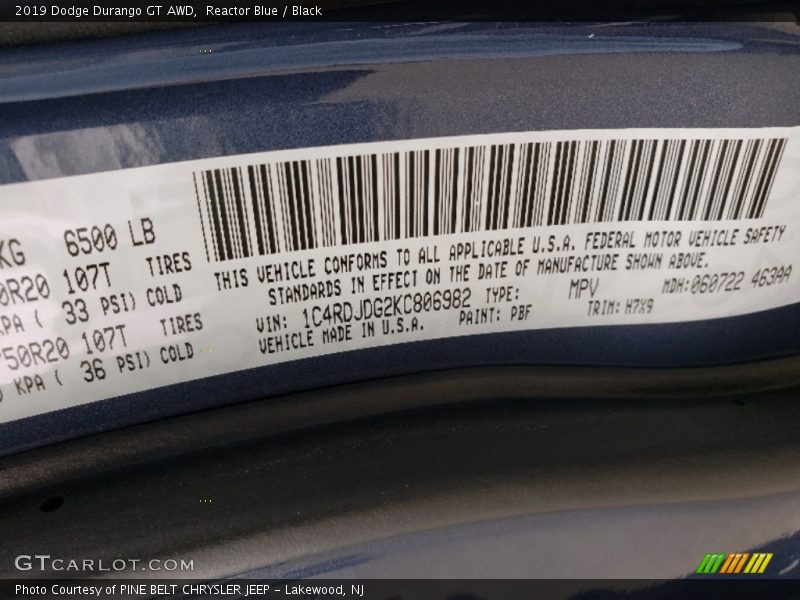 Reactor Blue / Black 2019 Dodge Durango GT AWD
