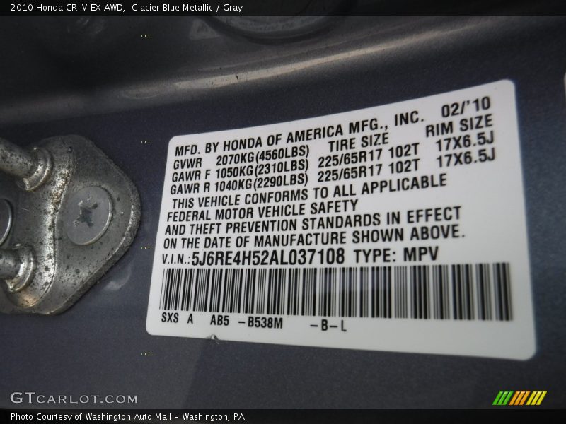 Glacier Blue Metallic / Gray 2010 Honda CR-V EX AWD