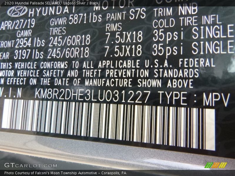 2020 Palisade SEL AWD Lagoon Silver Color Code S7S