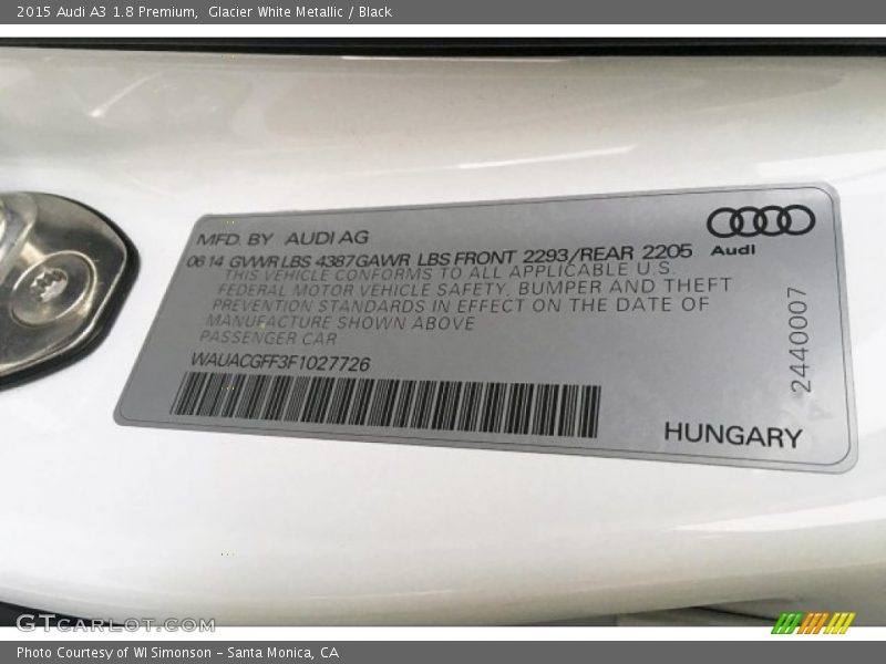 Glacier White Metallic / Black 2015 Audi A3 1.8 Premium