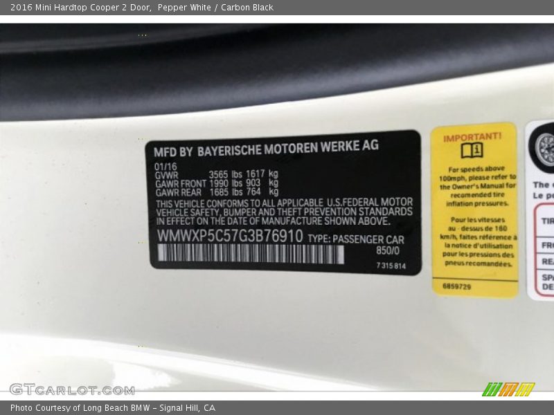 Pepper White / Carbon Black 2016 Mini Hardtop Cooper 2 Door