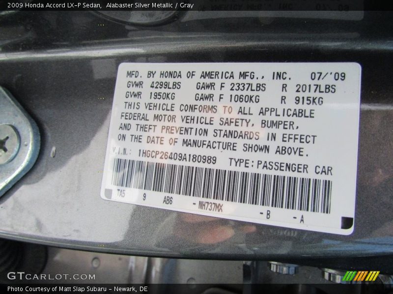 Alabaster Silver Metallic / Gray 2009 Honda Accord LX-P Sedan