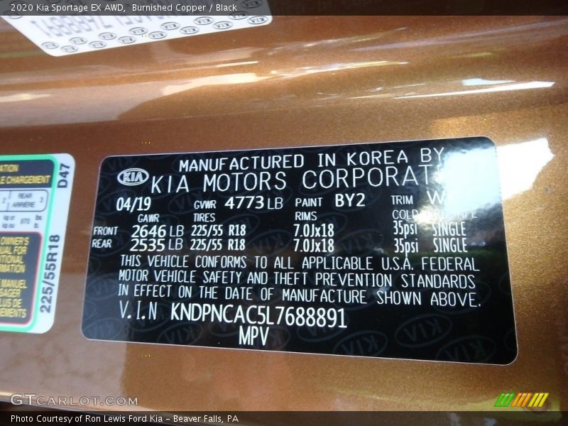 2020 Sportage EX AWD Burnished Copper Color Code BY2