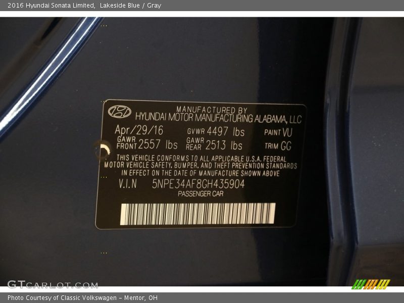 Lakeside Blue / Gray 2016 Hyundai Sonata Limited